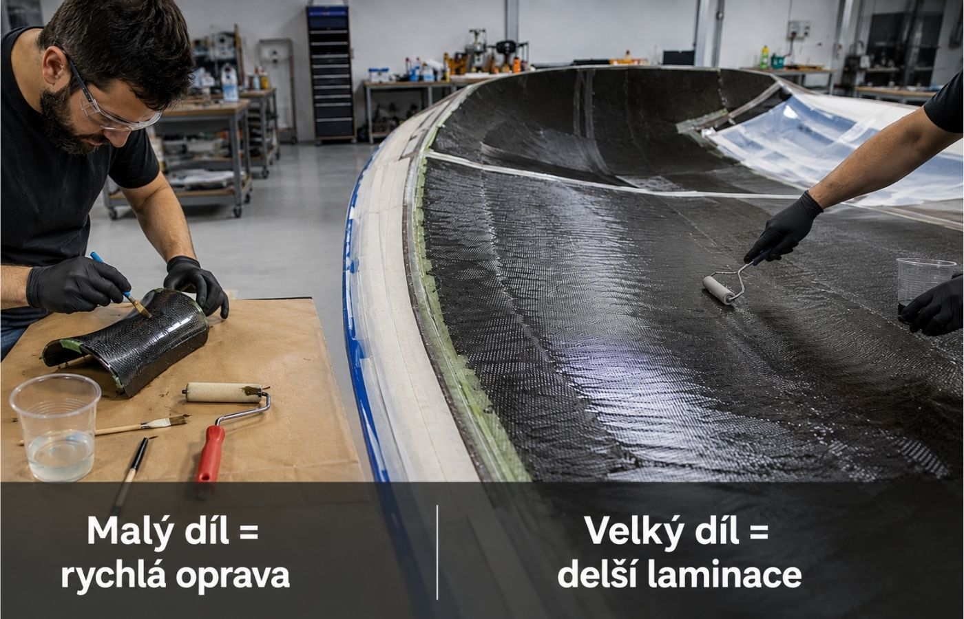 Srovnání malé rychlé opravy a větší kompozitní laminace vyžadující delší dobu zpracování